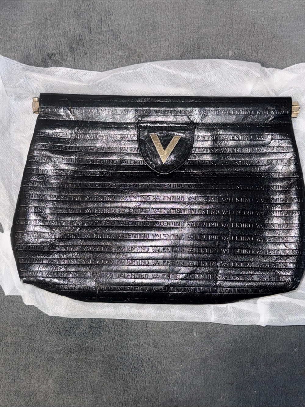 Vintage Mario Valentino Black Embossed Leather V-Logo Clutch
